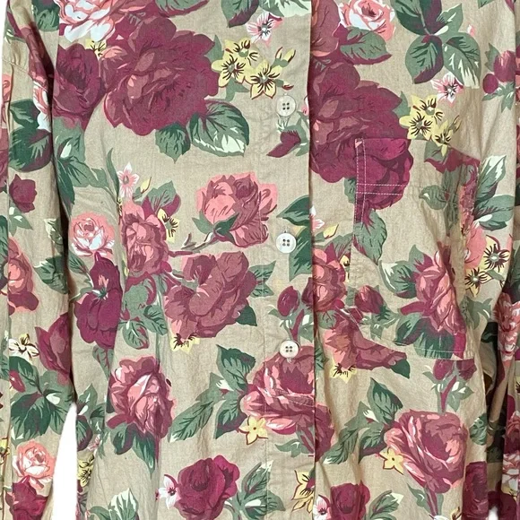 Krazy Kay Long Sleeve Blouse Tan Pink Wine Floral - Picture 2 of 6